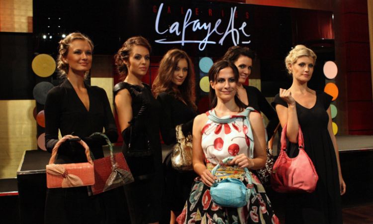Alessandra Gucci (front) with models showing her handbag collection. 